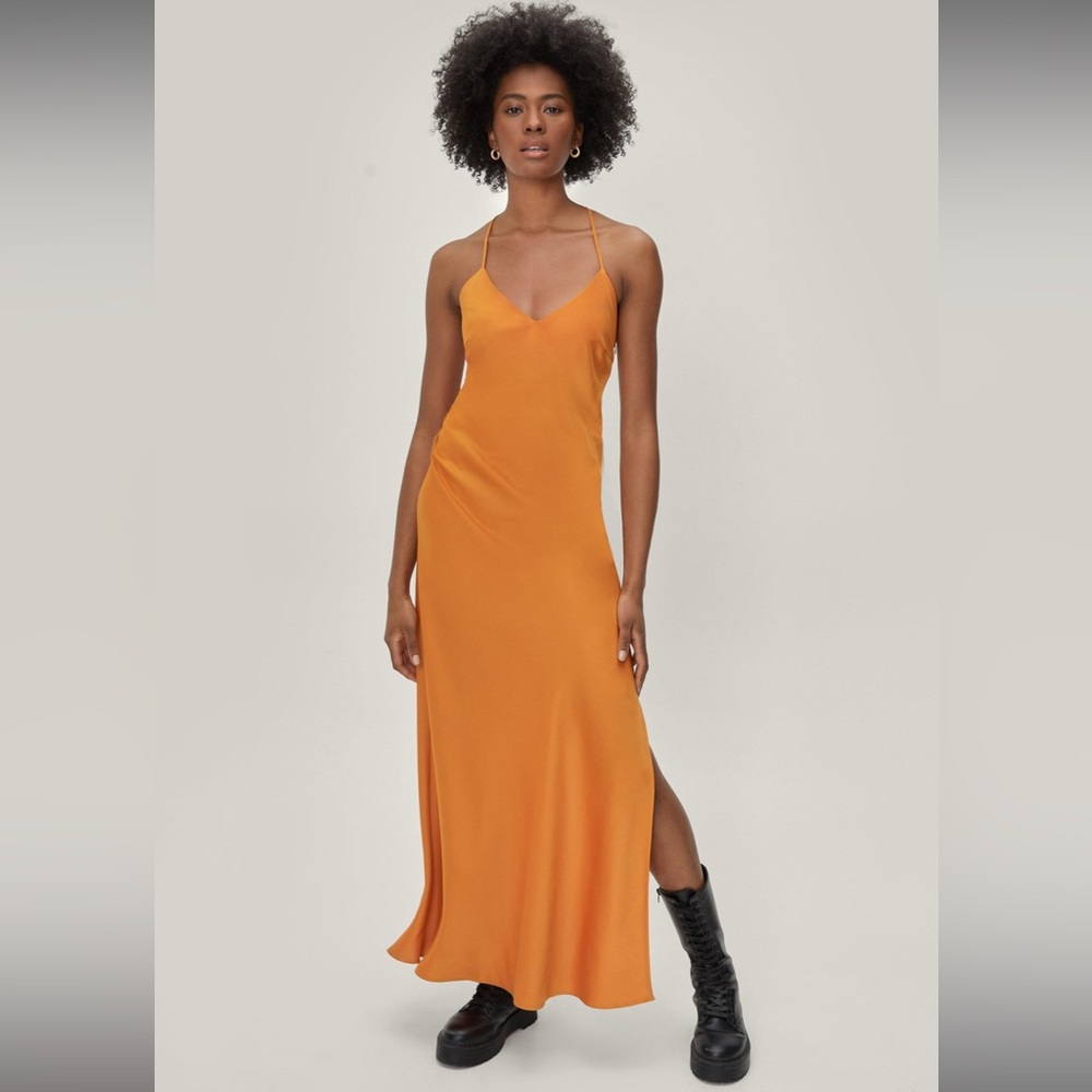Strappy Back Split Hem Satin Maxi Dress Nasty Gal